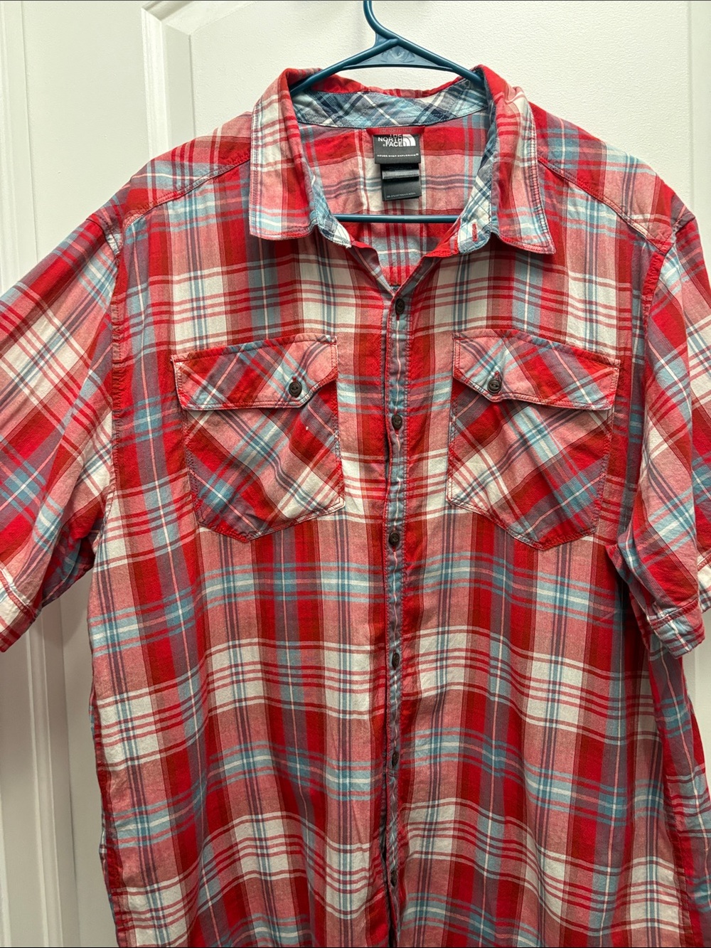 The North Face Men’s Red Blue Plaid Short Sleeve Button Down Outdoor Shirt - Picture 6 of 7